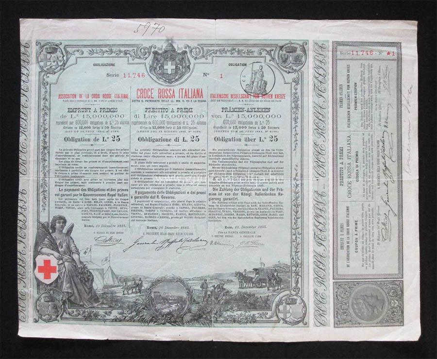Olasz Vöröskereszt Egylet kötvény 25 lira 1885